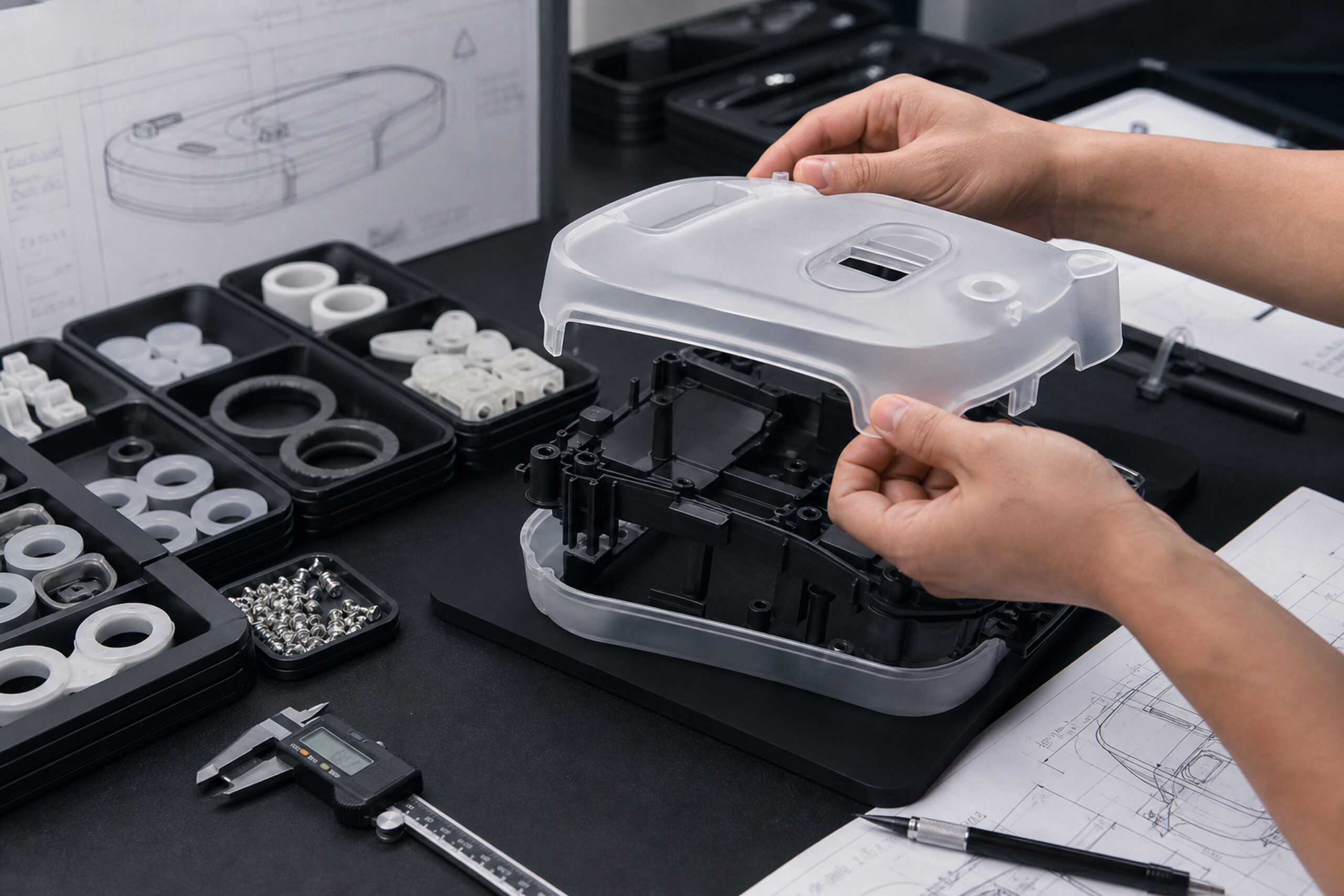 Two hands work on assembling a clear plastic part of a device. Various tools and small parts are spread out on a table. Technical drawings are nearby showing the design plan.